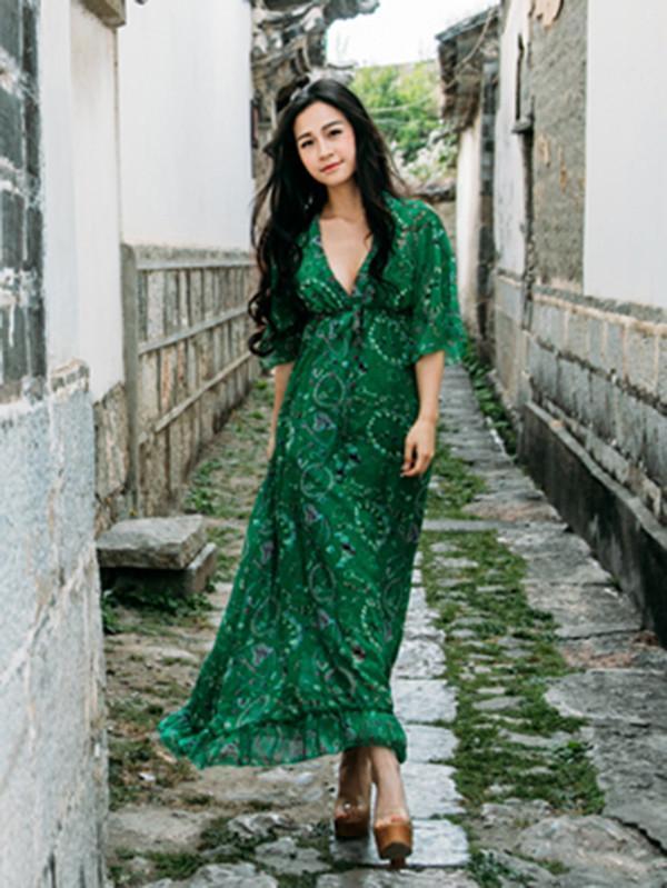 Chiffon Floral-Printed Short Sleeve V Neck Bohemia Beach Maxi Dress