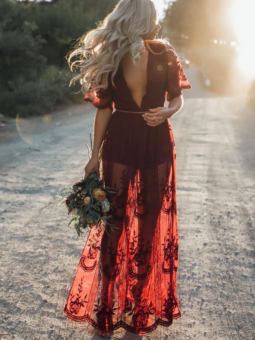 Pretty Sexy Lace Solid Color Short Sleeve Deep V Neck Side Split Maxi Dress