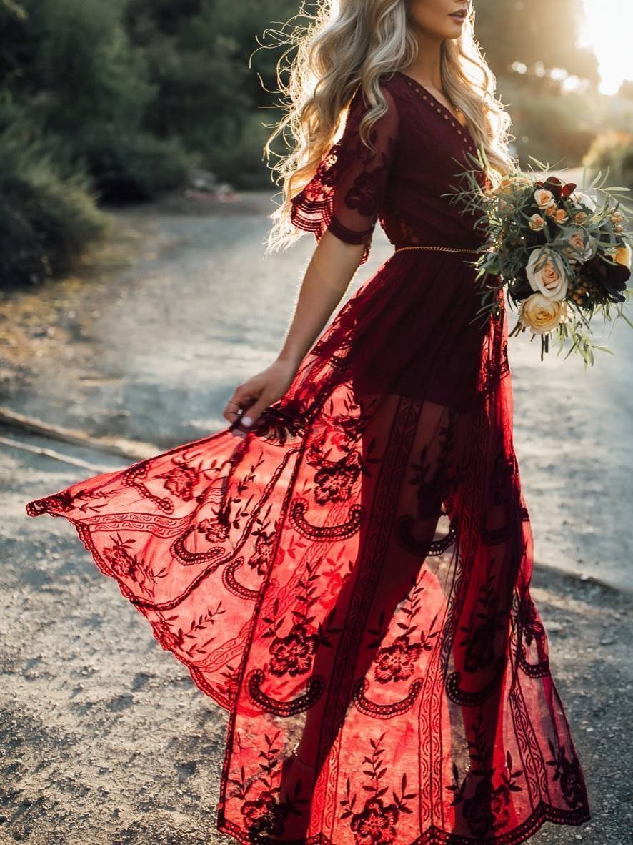 Pretty Sexy Lace Solid Color Short Sleeve Deep V Neck Side Split Maxi Dress