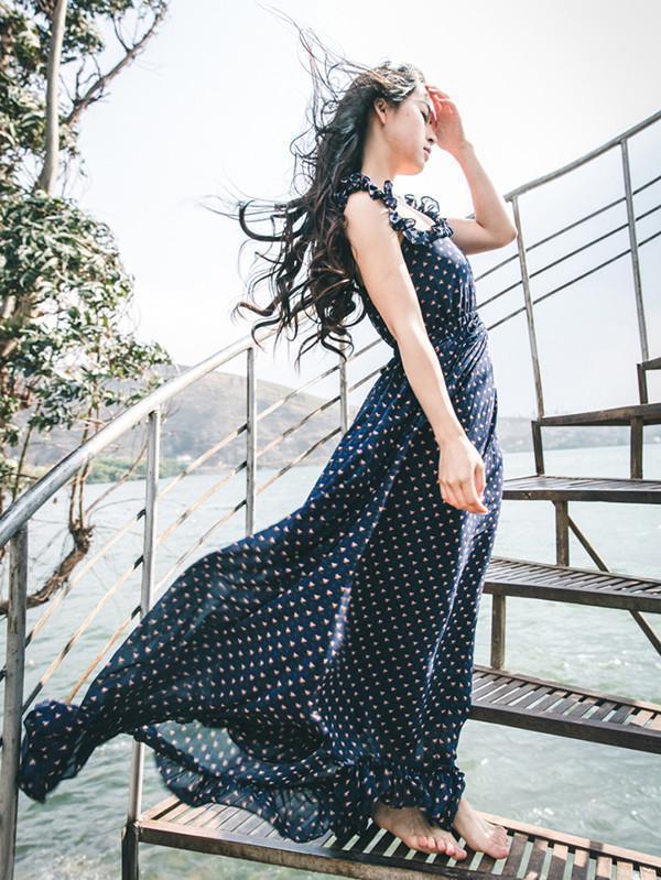 Retro Chiffon Printed Spaghetti-neck Backless Floor Maxi Dress