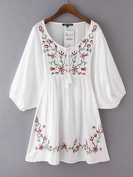Bohemia Embroidered Round-neck Half Sleeves Mini Dress