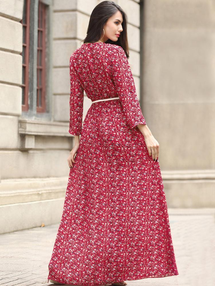 Bohemia Chiffon Floral-printed V-neck Maxi Dress