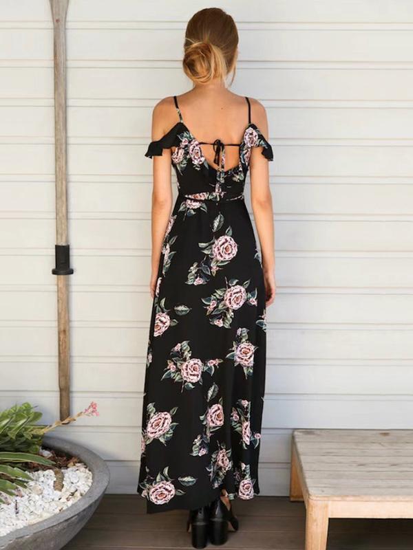 Floral Printed Spaghetti-neck Split-side Bohemia Maxi Dress