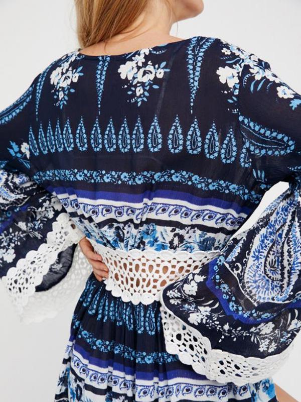 Printed Hollow Belted Bohemia Dress