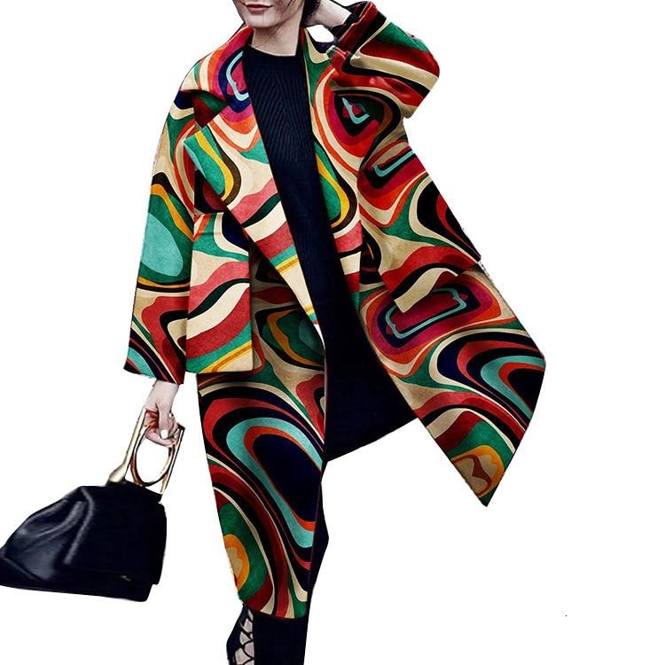 Women Fashion Lapel Printing Long Winter Wool Blend Coat Plus Size Long Sleeve Coat and Jacket Elegant Vintage Outerwear