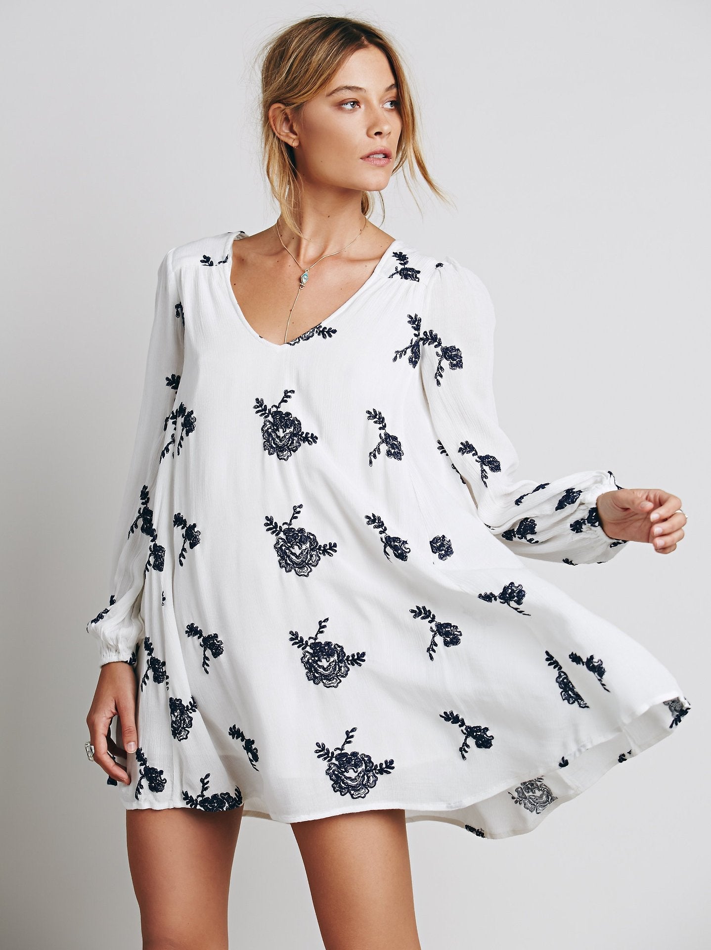 Sexy halter V-neck cotton embroidery loose dress 4 Size
