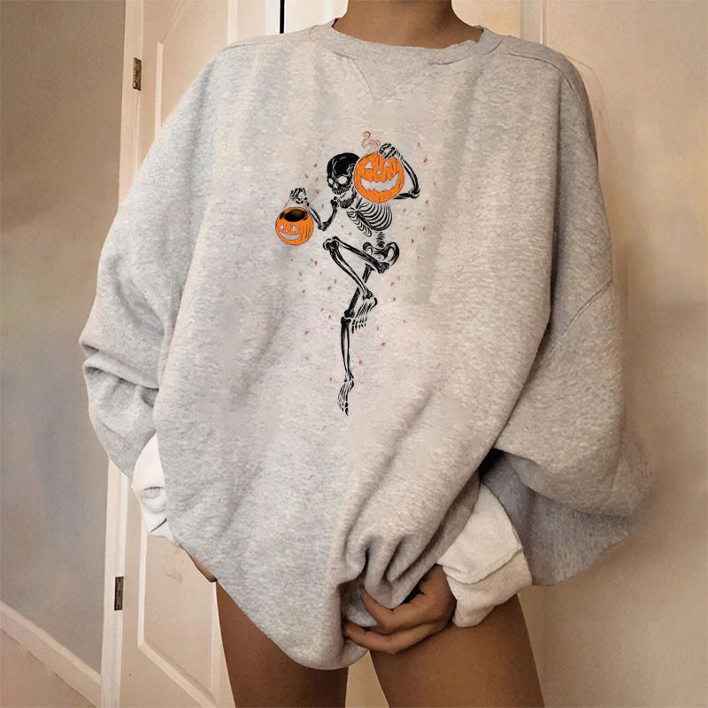 Autumn and Winter Halloween Collar Loose Leisure Pumpkin Print Long-sleeved Women's Clothing Velvet
