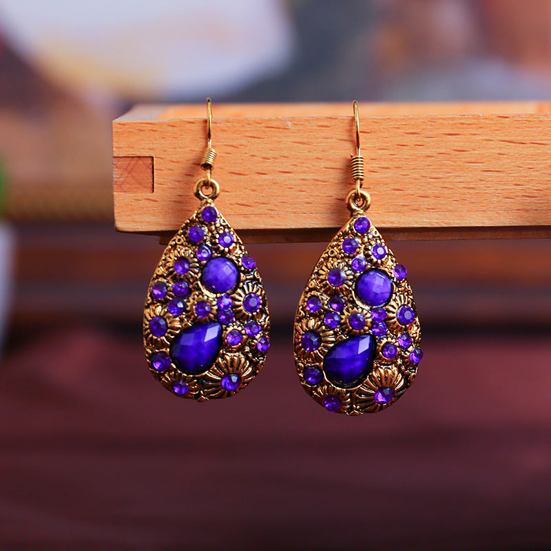 Creative Water Drop Gem Inlaid Ancient National Style Earrings