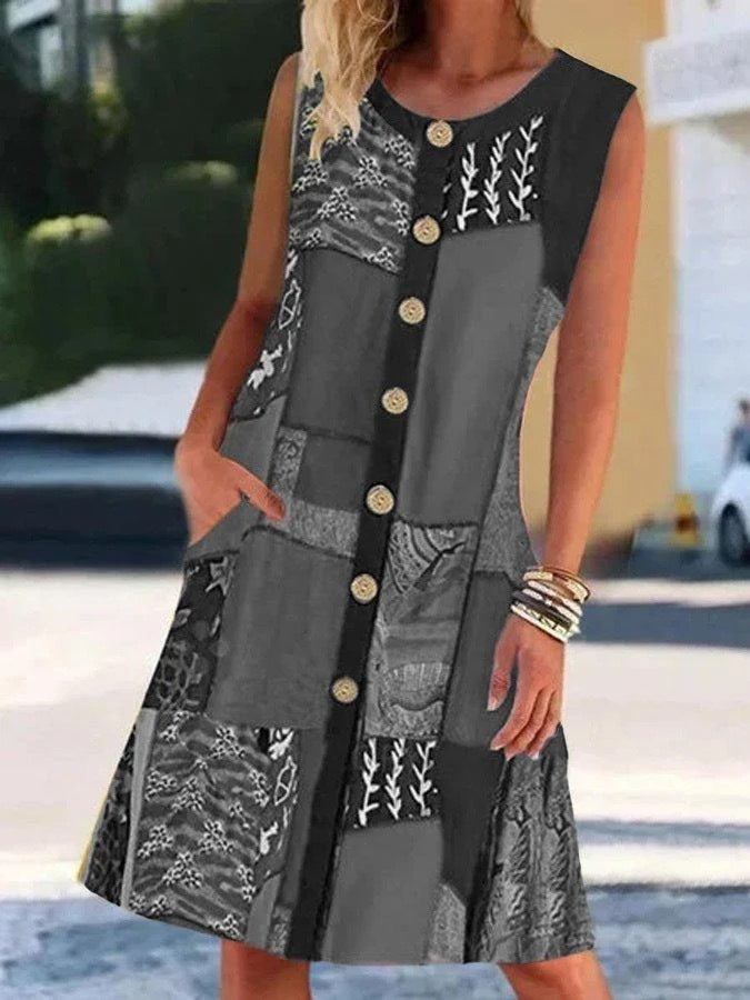 Fashion summer round neck sleeveless print contrast pocket dress