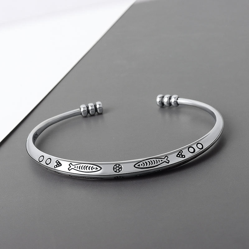 Thai ethnic style handmade silver bracelet vintage opening Thai silver engraved unisex bracelet