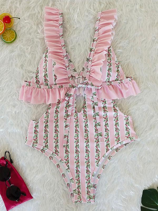 V-neck Bandage Sexy Floral One Piece Swimwear