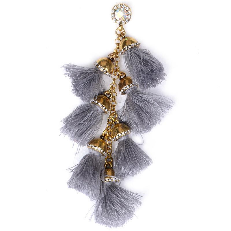 Wild European and American fashion handmade fur ball drill tassel long earrings earrings earrings Bohemia