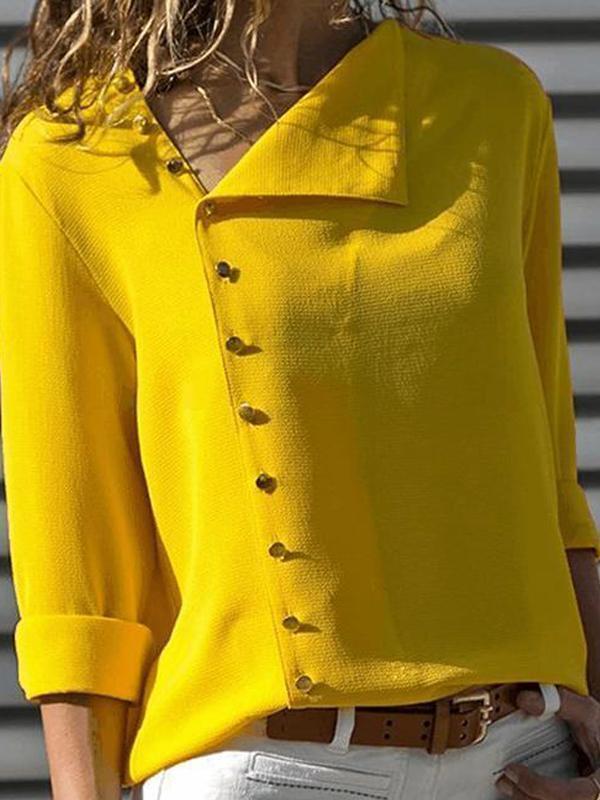 Casual Solid Color Irregular Diagonal Collar Button Long Sleeve Shirt