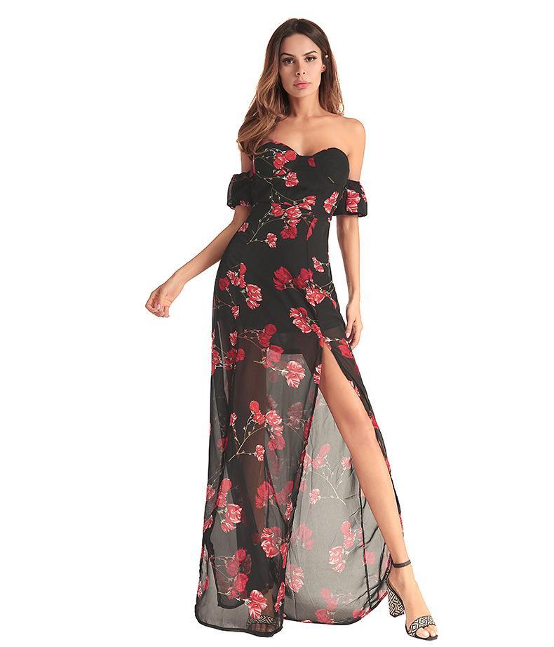2018 New Chiffon Printed Irregular Maxi Dress