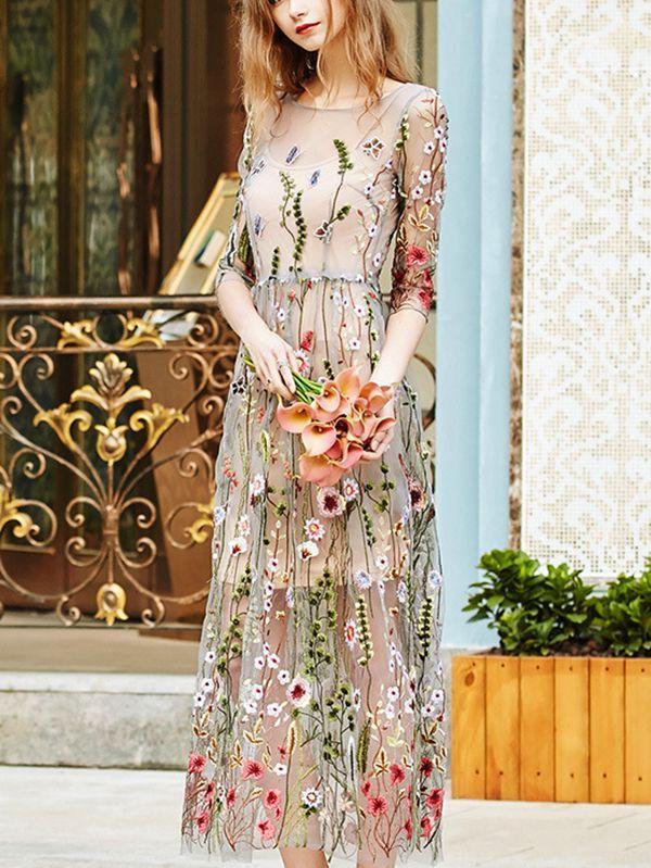 Seaside Holiday Beach Vintage Embroidered Mesh Dress