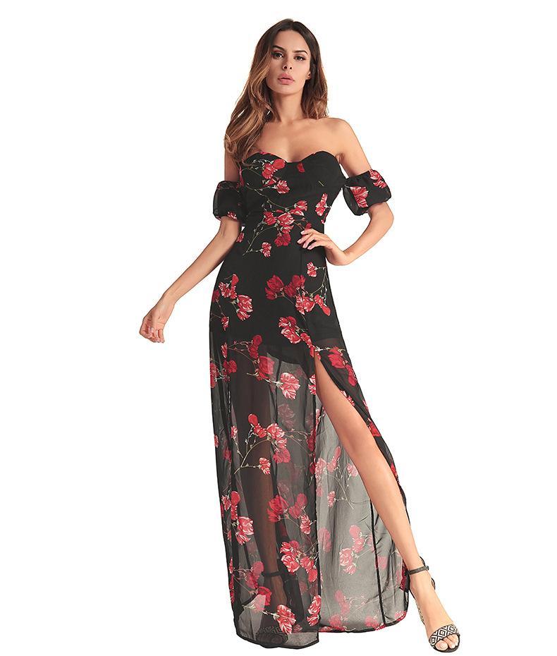 2018 New Chiffon Printed Irregular Maxi Dress