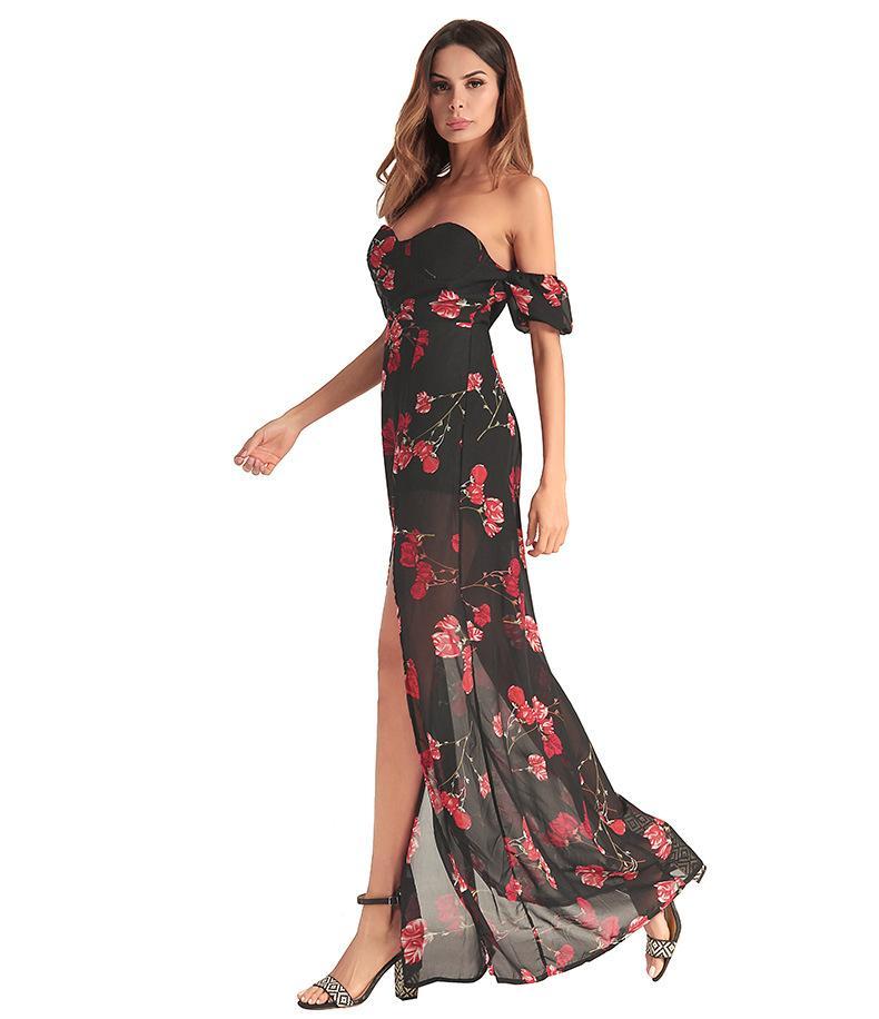 2018 New Chiffon Printed Irregular Maxi Dress