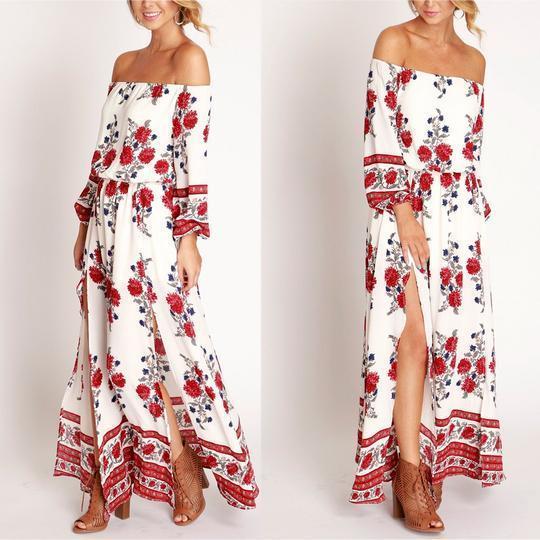 Cutaway Collar Printed Split Long Floral Off Shoulder Dress
