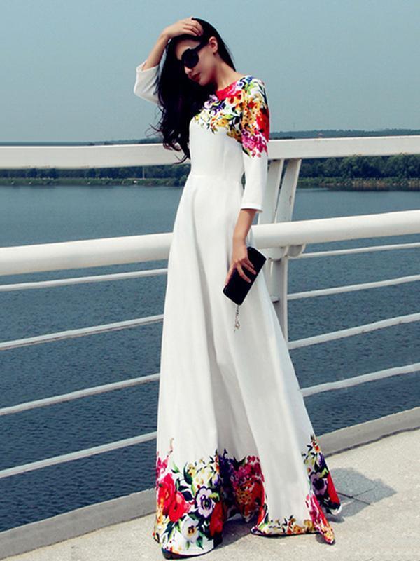 Elegant Print Round Neck Evening Maxi Long Dress