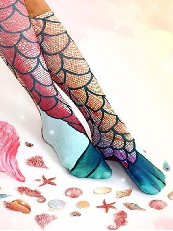 Novelty 3D Print High Knee Beach Mermaid Stockings