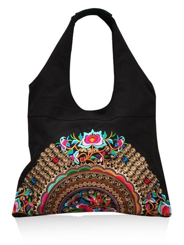 Ethnic Style Simple Embroidery Zipper Shoulder Bag