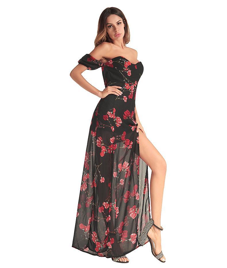 2018 New Chiffon Printed Irregular Maxi Dress