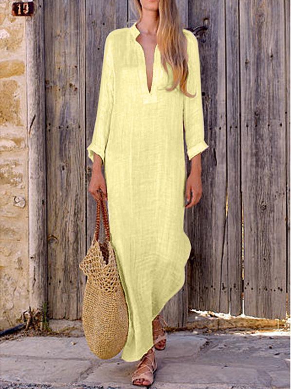 Solid Color V Neck Long Sleeve Casual Maxi Dress