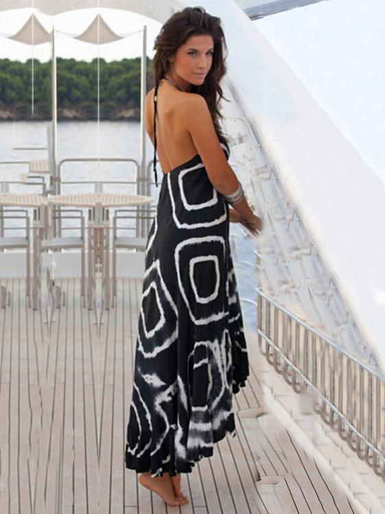 2018 Print Black Halter Beach Maxi Long Dress