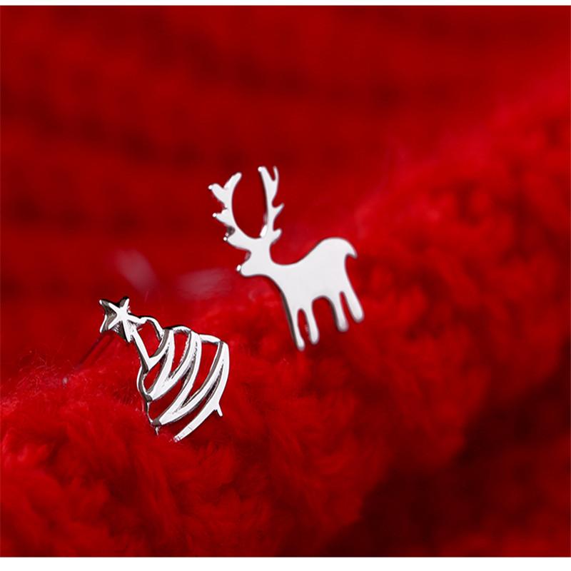 Cute Deer Christmas Tree Sliver Color Stud Earrings