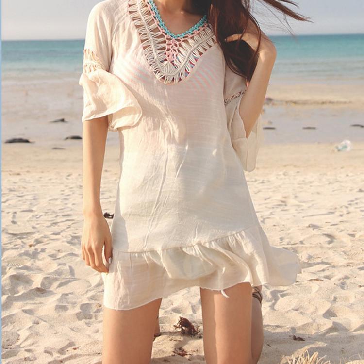 Bohemia Hollow Bikini Blouse Vacation Beach Mini Dress
