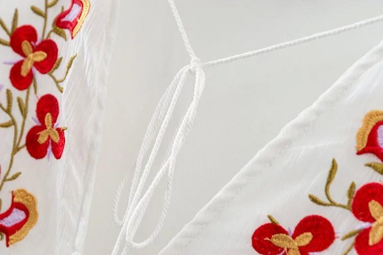 New Embroidered Tassel V Neck Trumpet Sleeve Belted Mini Dress