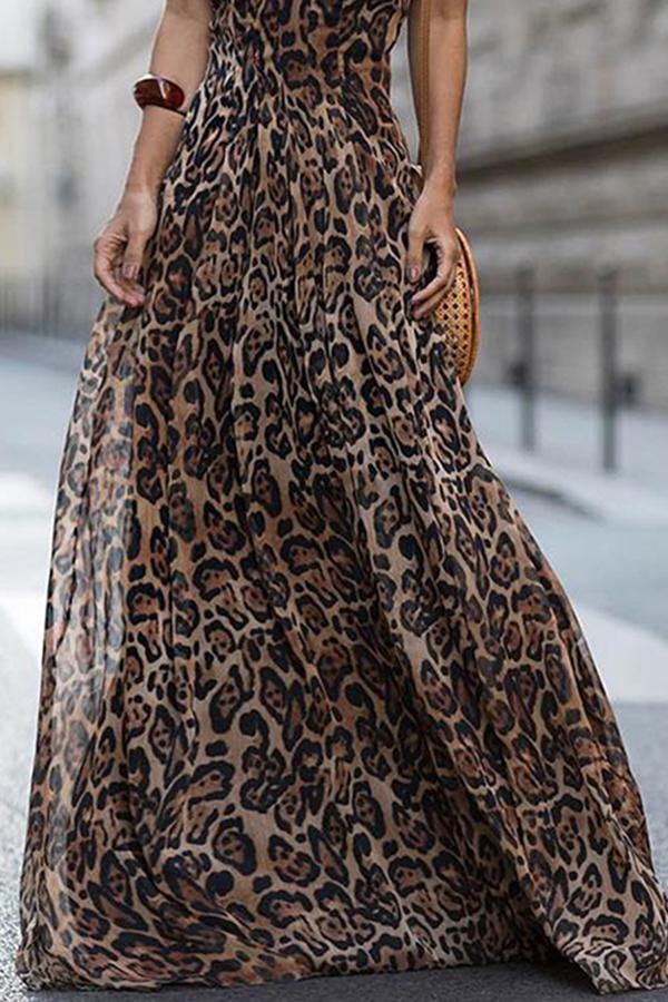 Sexy Leopard Print Spaghetti Strap Maxi Long Dress