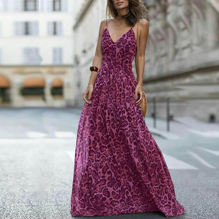 Sexy Leopard Print Spaghetti Strap Maxi Long Dress