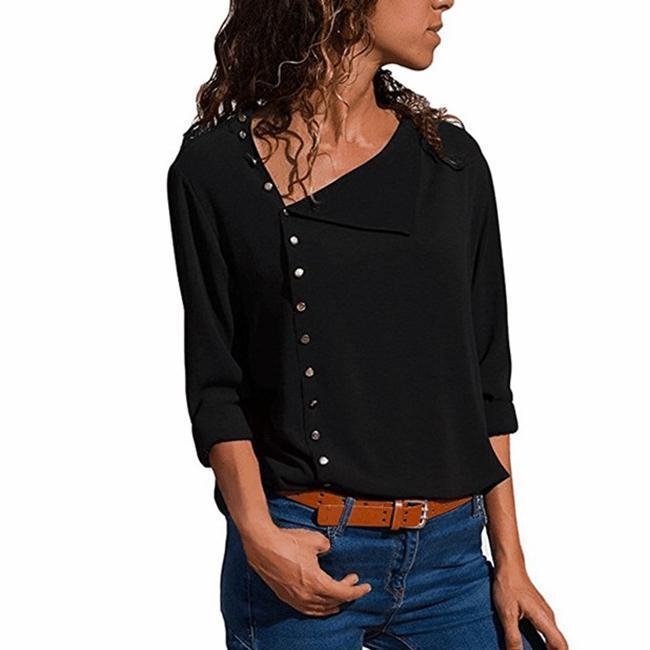 Casual Solid Color Irregular Diagonal Collar Button Long Sleeve Shirt