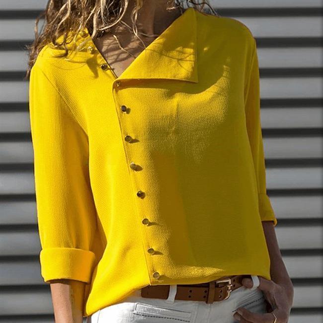 Casual Solid Color Irregular Diagonal Collar Button Long Sleeve Shirt
