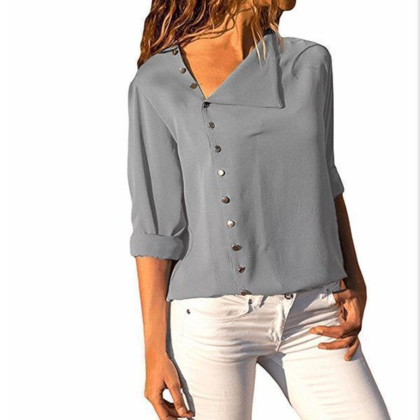 Casual Solid Color Irregular Diagonal Collar Button Long Sleeve Shirt