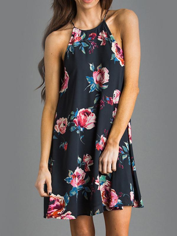 Beautiful Floral-Print Straps Sleeveless Round Neck Bohemia Mini Dress