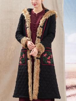 Autumn Winter New National Style Chinese Embroidery Cotton Fur Collar Hooded Coat