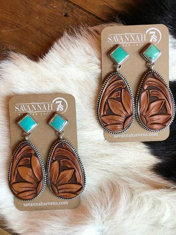Fashion Vintage Silver Turquoises Earring Big Oval Water Droplet Sun Flower Pattern Dangle Earrings for Women Boho Jewelry