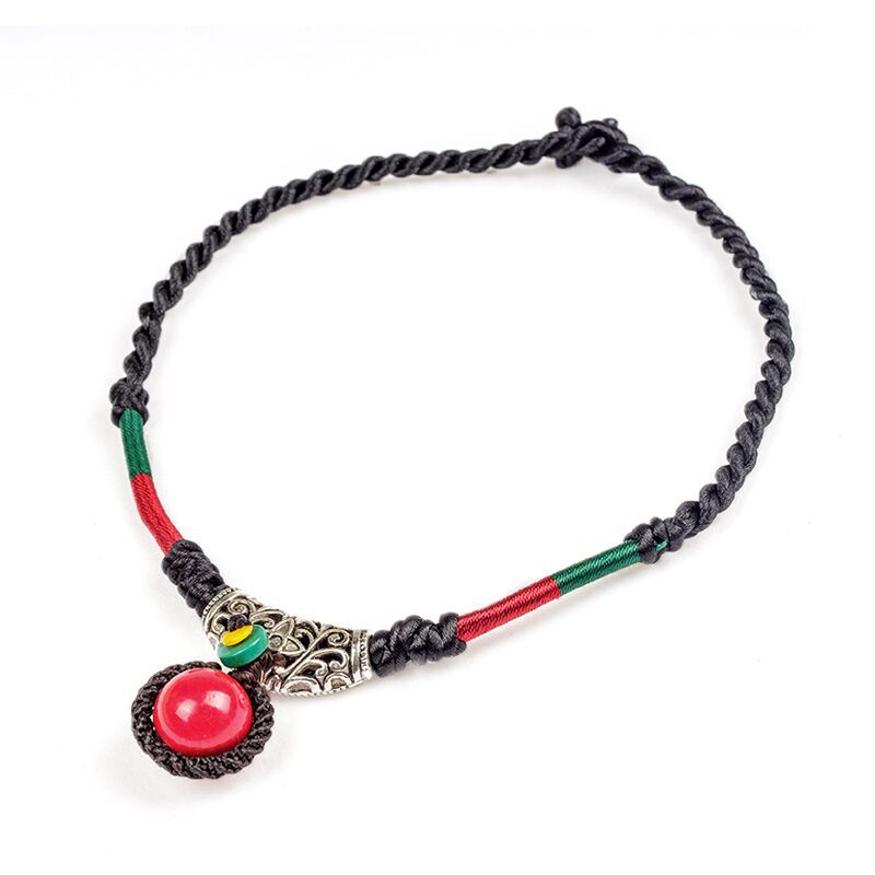 Original National Style Hand-woven Buckle Red Ball Women's Necklace Retro Cotton Hemp Accessory Red Bean Collarbone Chain