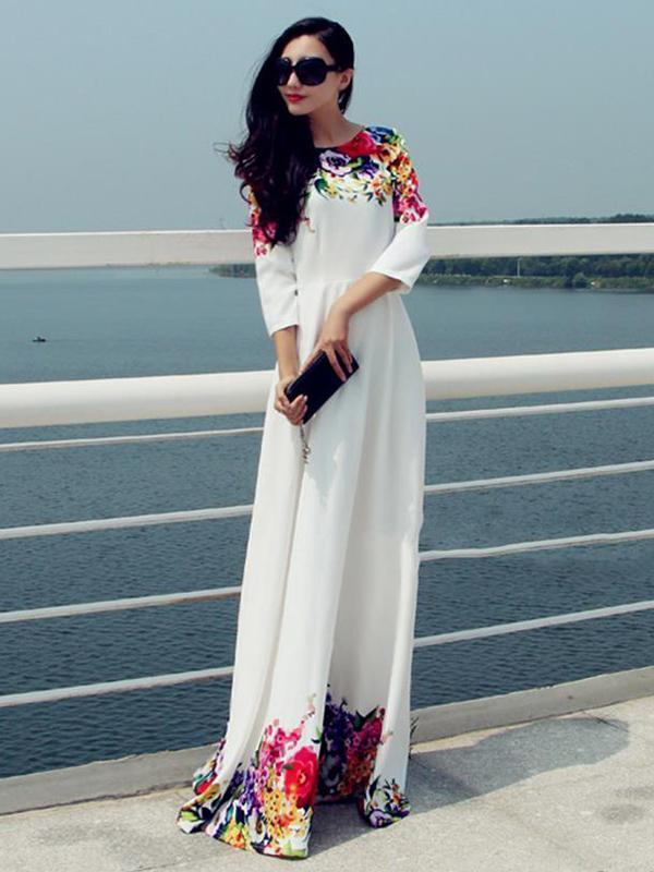 Elegant Print Round Neck Evening Maxi Long Dress