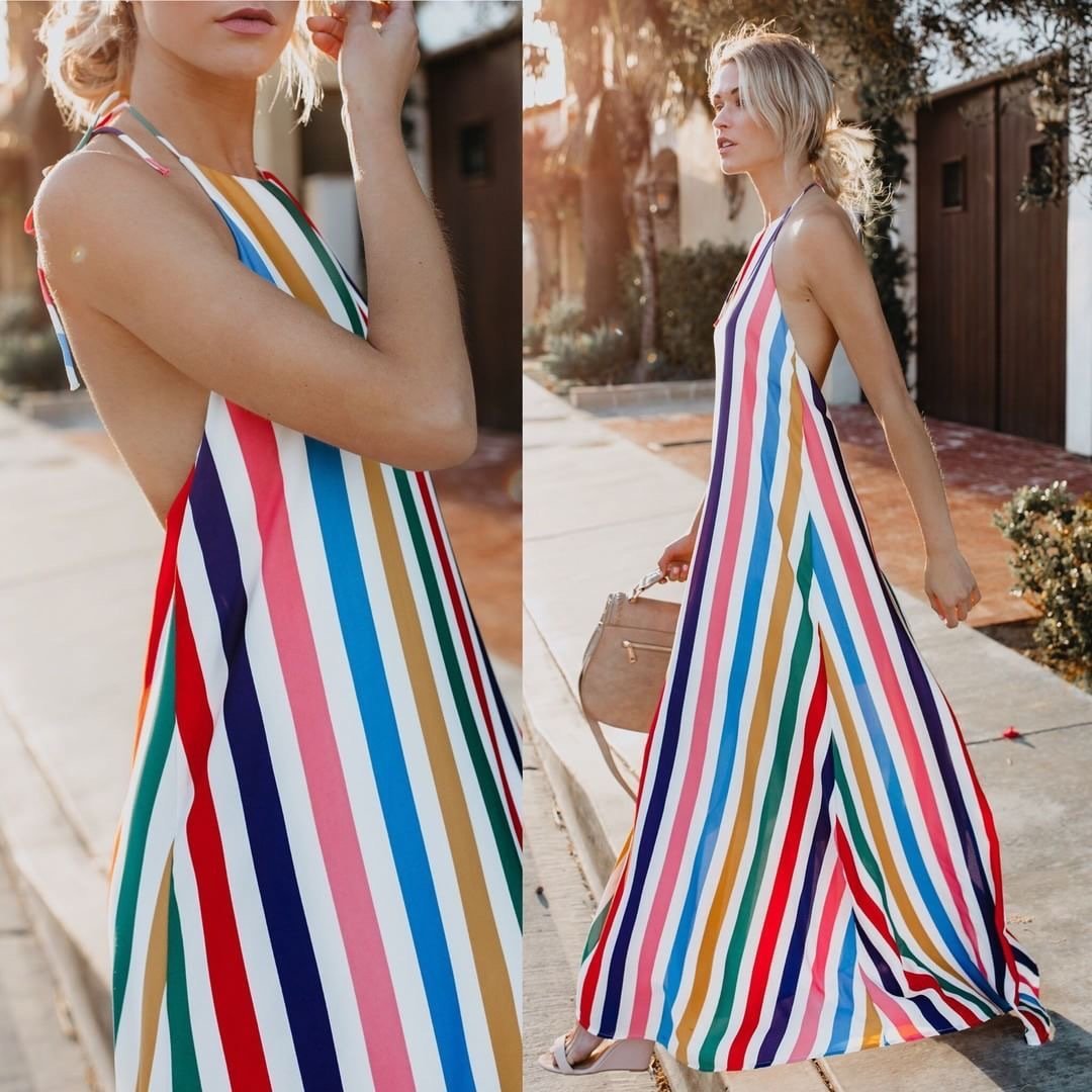 2018 New Print Halter Backless Beach Maxi Dress