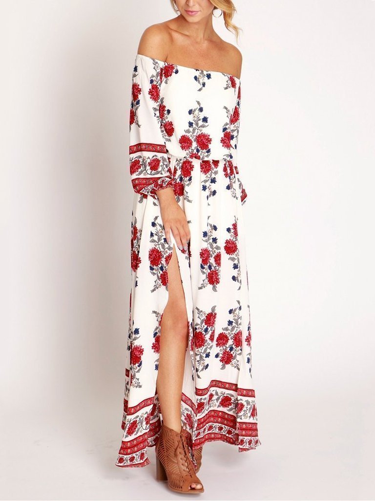 Cutaway Collar Printed Split Long Floral Off Shoulder Dress