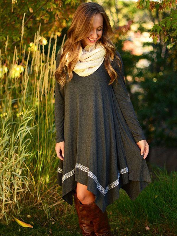 Round Neck Long Sleeve Irregular Dress