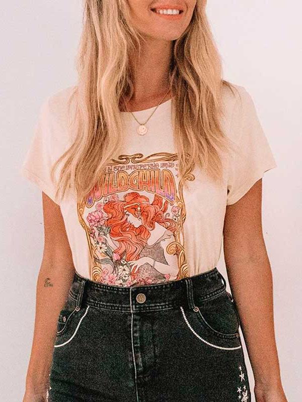 Boho Casual Mermaid Wild Child O-Neck Short Sleeve Summer Shirts Top