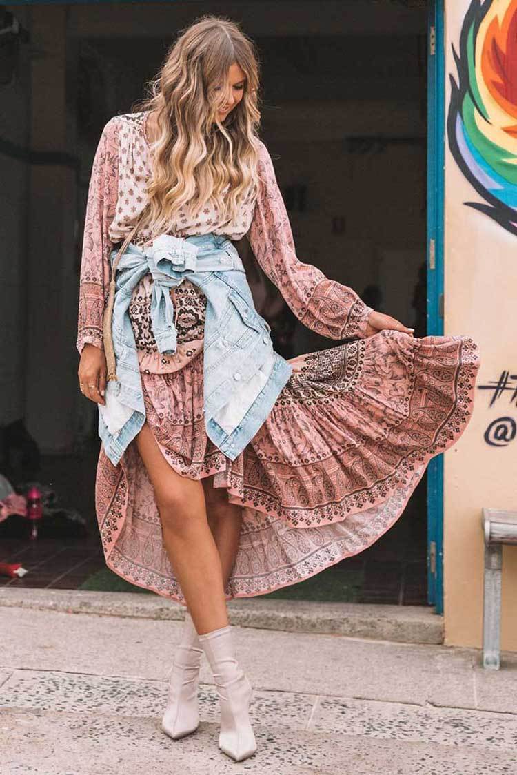 Pink Printed Wavy Ribbon Hollow Big Skirt Holiday Dress