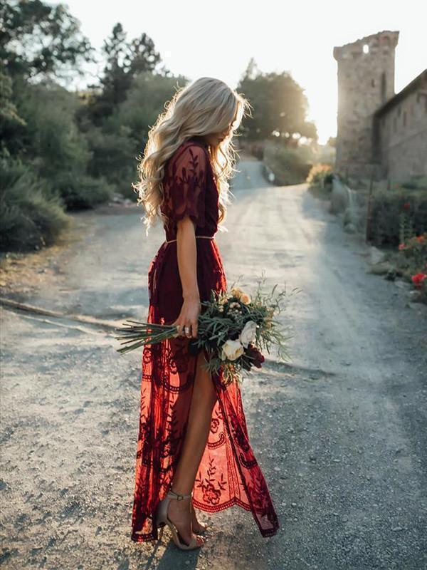 Pretty Sexy Lace Solid Color Short Sleeve Deep V Neck Side Split Maxi Dress