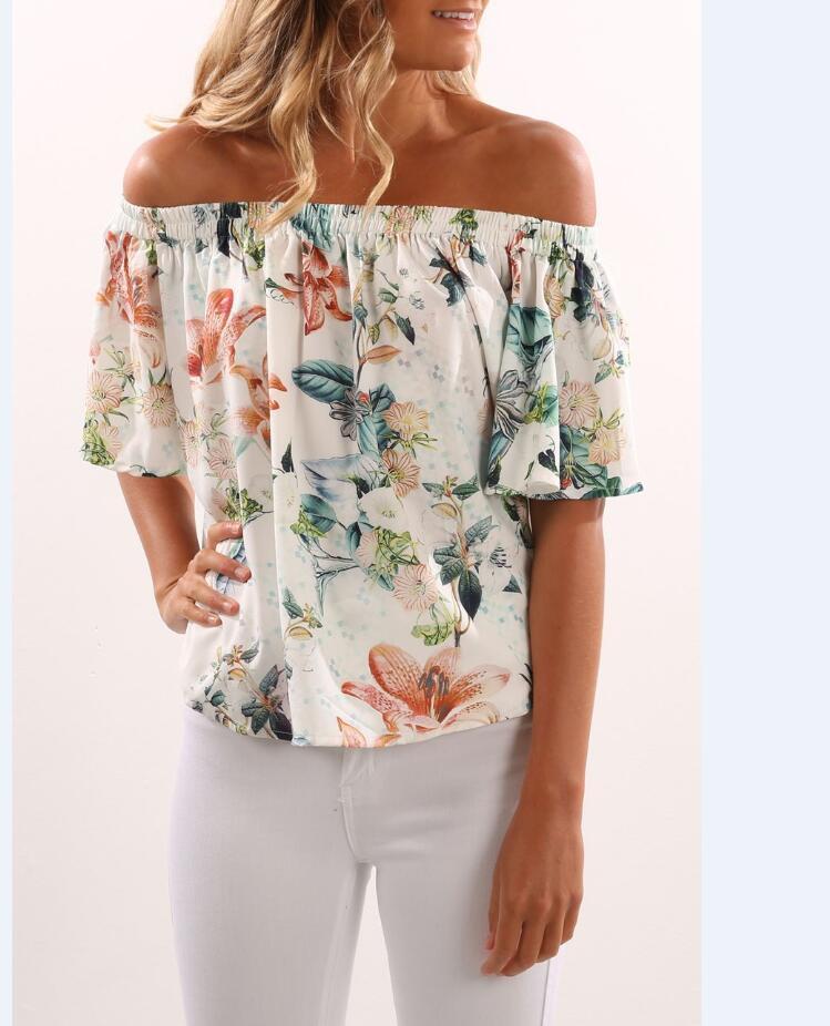 European and American Fashion Printing One Word Shoulder Dress Woman T-shirt
