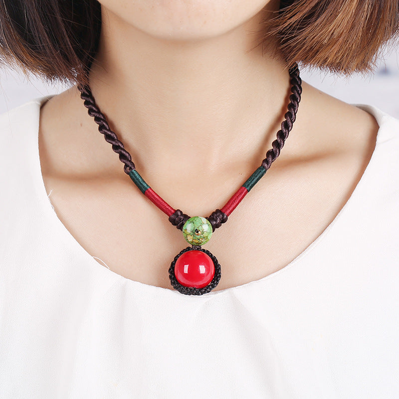 Original National Style Hand-woven Buckle Red Ball Women's Necklace Retro Cotton Hemp Accessory Red Bean Collarbone Chain