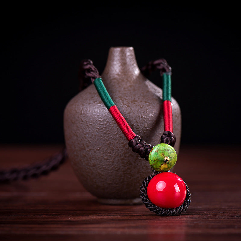 Original National Style Hand-woven Buckle Red Ball Women's Necklace Retro Cotton Hemp Accessory Red Bean Collarbone Chain